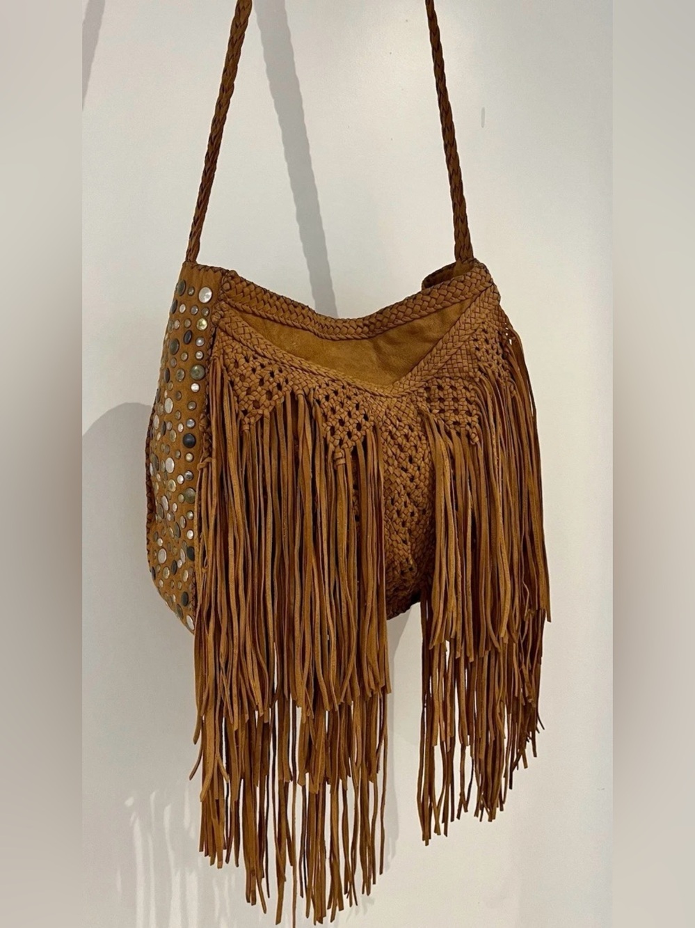 En Shalla Cognac Leather Braided Fringe Studded Shoulder Bag Boho